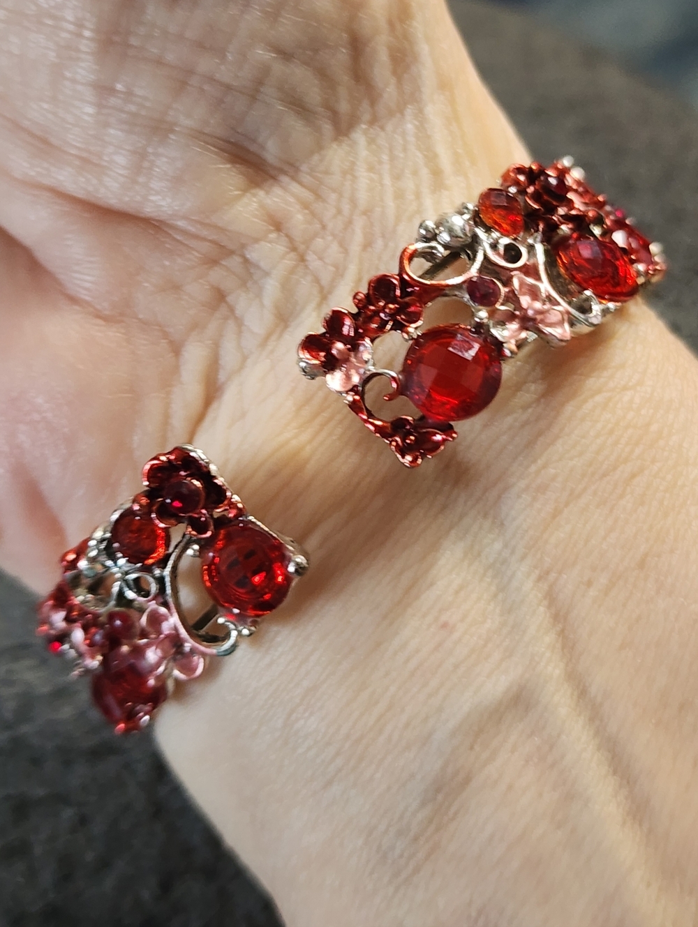 Red Crystal Floral Statement Cuff Bracelet - Picture 3 of 8